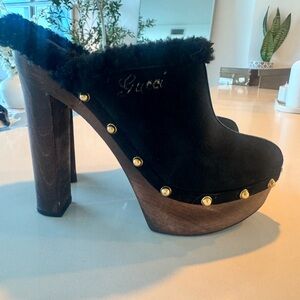 Gucci Black and Gold Fur-Lined Mules